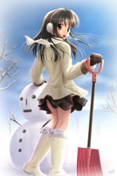 Rule 34 | boots, brown hair, long hair, miniskirt, ogata, shovel, skirt, snow, snow shovel, snowman, solo, worktool