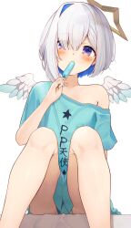 Rule 34 | 1girl, amane kanata, bare shoulders, blue hair, blush, buket pudding i, commentary, eating, food, grey hair, halo, highres, hololive, multicolored hair, no pants, off shoulder, panties, pantyshot, popsicle, pp tenshi t-shirt, purple eyes, short hair, single hair intake, sitting, solo, star halo, striped clothes, striped panties, underwear, virtual youtuber, white background, wings