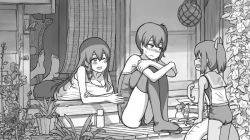 Rule 34 | 10s, 3girls, ^ ^, akagi (kancolle), bare arms, bare shoulders, barefoot, bird, blush, breasts, chair, cleavage, closed eyes, collarbone, feet, feet up, flower, greyscale, hair between eyes, hair ornament, holding own arm, hugging own legs, i-401 (kancolle), innertube, jug (bottle), kaga (kancolle), kantai collection, knees up, large breasts, leaf, long hair, looking at another, looking away, lying, monochrome, multiple girls, nose blush, on stomach, one-piece swimsuit, one eye closed, open mouth, plant, ponytail, potted plant, sailor collar, school swimsuit, school uniform, serafuku, shijukara (great tit), short hair, short ponytail, shorts, side ponytail, sitting, sliding doors, smile, soles, sudare, summer, swim ring, swimsuit, swimsuit under clothes, tan, tank top, tatami, thighhighs, wavy mouth, window blinds, wooden floor
