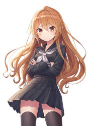 Rule 34 | 1girl, aisaka taiga, black sailor collar, black serafuku, black shirt, black skirt, black thighhighs, blush, breasts, brown eyes, brown hair, closed mouth, commentary, commentary request, cowboy shot, crossed arms, hair between eyes, highres, long hair, long sleeves, looking at viewer, miniskirt, pleated skirt, sailor collar, school uniform, serafuku, seungju lee, shirt, simple background, skirt, sleeves past wrists, solo, standing, symbol-only commentary, thighhighs, toradora!, v-shaped eyebrows, white background, zettai ryouiki