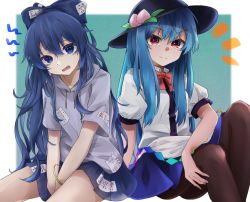 Rule 34 | 2girls, ass, bangle, black headwear, black legwear, blouse, blue eyes, blue hair, blue skirt, bow, bowtie, bracelet, breasts, debt, feet out of frame, food, fruit, grey shirt, gunsou1350, hair between eyes, hair bow, hat, head tilt, hinanawi tenshi, jewelry, knees up, long hair, looking at viewer, multiple girls, notice lines, open mouth, pantyhose, peach, pleated skirt, puffy short sleeves, puffy sleeves, red bow, red eyes, red neckwear, see-through, see-through skirt, shirt, short sleeves, sitting, skirt, small breasts, touhou, v-shaped eyebrows, v arms, very long hair, white shirt, yorigami shion