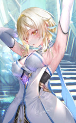 Rule 34 | 1girl, absurdres, armpits, arms up, blonde hair, blush, breasts, commentary request, dress, flower, genshin impact, hair flower, hair ornament, highres, large breasts, lumine (genshin impact), parted lips, pottsness, solo, twitter username, white dress, yellow eyes