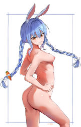 Rule 34 | 1girl, animal ear fluff, animal ears, blue hair, braid, breasts, carrot, clenched hand, english text, erit0ri, food-themed hair ornament, hair ornament, highres, hololive, japanese clothes, kimono, looking to the side, nipples, nude, pussy, rabbit ears, short eyebrows, small breasts, smirk, solo, teeth, twin braids, usada pekora, v-shaped eyebrows, virtual youtuber, white background, white hair