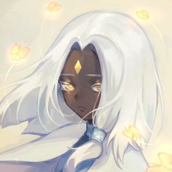 Rule 34 | 1girl, b.s (fwpt2745), bug, butterfly, character request, chinese commentary, closed mouth, commentary request, dark-skinned female, dark skin, facial mark, forehead, forehead mark, glowing, glowing butterfly, glowing eyes, hair over one eye, highres, insect, looking at viewer, medium hair, orange eyes, portrait, sky: children of the light, solo, very dark skin, white hair, yellow background, yellow pupils