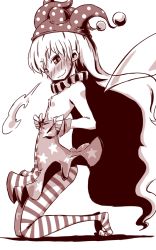 Rule 34 | 1girl, american flag dress, american flag legwear, breasts, clownpiece, fairy wings, hat, highres, jester cap, long hair, monochrome, nipples, pantyhose, small breasts, smile, smirk, solo, sonson (eleven), striped clothes, striped pantyhose, touhou, very long hair, wings