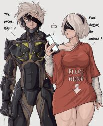Rule 34 | 1boy, 1girl, blindfold, blush, breasts, cellphone, crossover, cyborg, english text, eyepatch, hairband, highres, large breasts, long sleeves, look-alike, metal gear (series), metal gear rising: revengeance, nier:automata, nier (series), phone, power connection, raiden (metal gear), science fiction, shirt, short hair, simple background, smartphone, t-shirt, thick thighs, thighs, white hair, yoracrab, 2b (nier:automata)