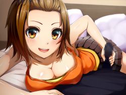 Rule 34 | 1girl, bed, blush, breast press, breasts, brown hair, censored, cleavage, dmm, drive on requesta, covered erect nipples, game cg, handjob, invisible man, large breasts, looking at viewer, lying, mosaic censoring, on stomach, open mouth, orange eyes, penis, pillow, short hair, skirt, smile, solo focus