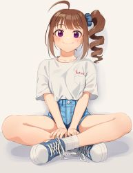 Rule 34 | 1girl, ahoge, blue footwear, blue scrunchie, blue shorts, blunt bangs, blush, brown hair, buttons, closed mouth, clothes writing, collarbone, denim, denim shorts, drill hair, full body, grey background, hair ornament, hair scrunchie, high-waist shorts, highres, idolmaster, idolmaster million live!, indian style, kamille (vcx68), looking at viewer, medium hair, pocket, purple eyes, scrunchie, shadow, shirt, shirt tucked in, shoes, short sleeves, shorts, side ponytail, simple background, sitting, smile, sneakers, socks, solo, v arms, white shirt, white socks, yokoyama nao
