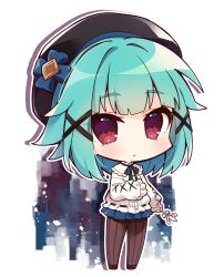 Rule 34 | 1girl, absurdres, aqua hair, beret, black footwear, black hat, black pantyhose, black ribbon, blue ribbon, blunt bangs, capelet, chibi, frilled capelet, frilled sleeves, frills, full body, girls creation, hair ornament, hand on own stomach, hat, hat ornament, highres, holding, looking at viewer, messy hair, misosiru 0224, neck ribbon, pantyhose, pleated skirt, puffy sleeves, rembrandt (girls creation), ribbon, ribbon-trimmed sweater, short hair, simple background, skirt, solo, standing, sweater, two-tone ribbon, white background, x hair ornament