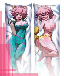 Rule 34 | 10s, 1girl, ashido mina, ass, barefoot, bikini, black sclera, blush, boku no hero academia, breasts, censored, cleavage, colored sclera, colored skin, covered navel, dakimakura (medium), large breasts, looking at viewer, lying, mitgard-knight, mosaic censoring, censored nipples, on back, on side, open mouth, pink hair, pink skin, short hair, smile, solo, swimsuit, topless