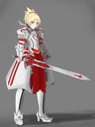 Rule 34 | 1girl, armor, armored dress, blonde hair, clarent (fate), fate/apocrypha, fate (series), from side, green eyes, grey background, highres, looking at viewer, mordred (fate), mordred (fate/apocrypha), naliliko, ponytail, red scrunchie, scrunchie, smile, solo, sword, weapon