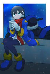 Rule 34 | aile (mega man zx), black bodysuit, blue coat, blue footwear, blue jacket, bodysuit, bodysuit under clothes, brown hair, coat, cropped jacket, cup, full body, gloves, highres, holding, holding cup, jacket, mega man (series), mega man zx, motor vehicle, motorcycle, night, official alternate costume, omeehayo, red scarf, robot ears, scarf, shorts, sitting, snowing, white gloves, white shorts