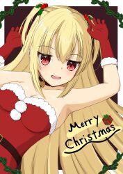 Rule 34 | 1girl, absurdres, alternate costume, arihara nanami, armpits, arms up, bell, black choker, blonde hair, blush, border, box, breasts, brown background, choker, christmas, cleavage, commentary request, dress, eyes visible through hair, fur-trimmed gloves, fur trim, gift, gift box, gloves, hair between eyes, hair ornament, highres, jitome, large breasts, leaf hair ornament, long hair, looking at viewer, merry christmas, mistletoe, neck bell, open mouth, red eyes, riddle joker, santa dress, santa gloves, smile, solo, straight hair, tsubatyissimo2, two side up, upper body, very long hair, white border