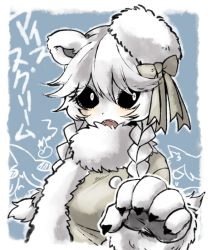 Rule 34 | 1girl, bad id, bad pixiv id, bear, black sclera, blush, bow, bright pupils, claws, coat, colored sclera, fangs, funamusea, fur coat, fur hat, hair bow, hat, ice scream, looking at viewer, monster girl, open mouth, polar bear, porupu, rocma (funamusea), simple background, solo, standing, translation request, twintails, white hair, white pupils