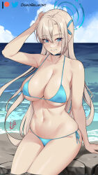Rule 34 | 1girl, alternate costume, arm support, arm up, asuna (blue archive), bare arms, bare shoulders, beach, bikini, blonde hair, blue archive, blue bikini, blue choker, blue eyes, blue ribbon, blue sky, breasts, choker, cloud, collarbone, commentary, damobelmont, day, hair ribbon, halo, highres, large breasts, navel, ocean, ribbon, side-tie bikini bottom, sideboob, sitting, sky, solo, stomach, swimsuit, thighs, underboob, water