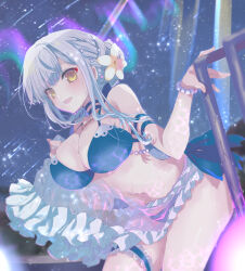 Rule 34 | 1girl, assault lily, bikini, blue bikini, blue choker, blunt bangs, blurry, blurry background, blush, bracelet, breasts, bridal garter, caustics, choker, cleavage, clothes lift, commentary request, cowboy shot, fingernails, flower, frilled sarong, frills, grey hair, hair bun, hair flower, hair ornament, halterneck, hand on railing, hands up, highres, jewelry, kon kanaho, large breasts, leaning forward, lifted by self, long hair, looking at viewer, naridon, night, night sky, official alternate costume, official alternate hairstyle, outdoors, parted lips, pearl bracelet, pearl hair ornament, railing, revision, sarong, sarong lift, shooting star, sidelocks, single hair bun, sky, smile, solo, standing, star (sky), swimsuit, water drop, wet, white sarong, yellow eyes, yellow flower