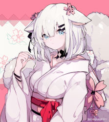 Rule 34 | 1girl, 2020, animal ears, ars almal, blue eyes, bow, captain yue, closed mouth, collarbone, commentary request, floral background, flower, hair between eyes, hair flower, hair ornament, hairclip, hand up, holding, japanese clothes, kimono, long sleeves, looking at viewer, nijisanji, obi, pink background, pink flower, red bow, sash, short hair, silver hair, solo, tail, twitter username, two-tone background, upper body, virtual youtuber, white background, white kimono, wide sleeves, yukata