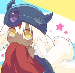 Rule 34 | 1girl, ameamee69, bare shoulders, blonde hair, blue background, blush, brown pupils, cape, closed mouth, commentary request, cosplay, dark-skinned female, dark skin, eyes visible through hair, fake horns, faputa, hands up, helmet, horned helmet, horns, made in abyss, multicolored background, multiple tails, naked cape, red cape, regu (made in abyss), regu (made in abyss) (cosplay), solo, star (symbol), starry background, tail, upturned eyes, wardrobe error, white background, white hair, yellow eyes