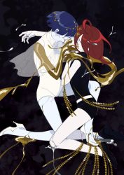 Rule 34 | 2others, belt, black footwear, black shorts, blue hair, blunt bangs, cinnabar (houseki no kuni), closed eyes, collar, collared shirt, colored skin, commentary request, damaged, from side, full body, gem uniform (houseki no kuni), gold, golden arms, hachibani, hair between eyes, houseki no kuni, hug, kiss, long bangs, medium hair, multiple others, neckwear request, pale skin, phosphophyllite, phosphophyllite (ll), red hair, see-through, shirt, shoes, short hair, short sleeves, shorts, simple background, spoilers, white belt, white footwear, white neckwear, white skin