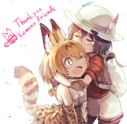 Rule 34 | 10s, 2girls, animal ears, backpack, bad id, bad pixiv id, bag, bare shoulders, black hair, blonde hair, blush, bow, bowtie, brown eyes, brown hair, bucket hat, copyright name, cross-laced clothes, elbow gloves, english text, closed eyes, fang, gloves, hat, hat feather, high-waist skirt, hug, kaban (kemono friends), kemono friends, lucky beast (kemono friends), multiple girls, one eye closed, open mouth, pantyhose, pantyhose under shorts, red shirt, serval (kemono friends), serval print, serval tail, shirt, short hair, short sleeves, shorts, skirt, sleeveless, sleeveless shirt, smile, tail, tearing up, thank you, tochibi, wavy hair