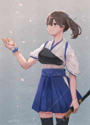 Rule 34 | 1girl, arm up, black thighhighs, blue hakama, bow, brown eyes, brown hair, cherry blossoms, gloves, hakama, hakama short skirt, hakama skirt, highres, holding, holding weapon, japanese clothes, kaga (kancolle), kantai collection, kimono, long hair, muneate, partially fingerless gloves, partly fingerless gloves, petals, scrunchie, side ponytail, signature, simple background, skirt, smile, thighhighs, weapon, white kimono, wss (nicoseiga19993411), yugake