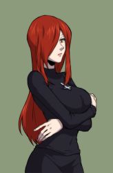 Rule 34 | 1girl, breasts, cowboy shot, cross, cross necklace, crossed arms, ganno, green background, hair over one eye, jewelry, large breasts, long hair, necklace, parasoul (skullgirls), red hair, skullgirls, solo, sweater, turtleneck, turtleneck sweater, yellow eyes