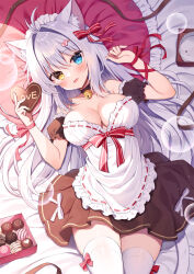 Rule 34 | 1girl, :d, aina rive, animal ear fluff, animal ears, antenna hair, apron, bed sheet, bell, black choker, black dress, black sleeves, blue eyes, bow, breasts, candy, cat ears, cat girl, cat tail, chocolate, chocolate heart, choker, cleavage, collarbone, commentary, detached sleeves, dress, english commentary, english text, food, frilled apron, frilled pillow, frills, grey hair, hair bow, hair intakes, heart, heterochromia, holding, holding food, jingle bell, large breasts, long hair, looking at viewer, lying, maid headdress, mauve, neck bell, on back, open mouth, original, pillow, puffy short sleeves, puffy sleeves, red bow, short sleeves, smile, solo, striped, striped bow, tail, thighhighs, very long hair, white apron, white thighhighs, yellow eyes