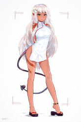 Rule 34 | 1girl, arms behind back, bare shoulders, borrowed character, breasts, china dress, chinese clothes, commission, contemporary, covered navel, dark-skinned female, dark skin, demon girl, dress, ehrrr, full body, geta, highres, long hair, looking at viewer, original, pointy ears, sandals, silver hair, smile, solo, standing, tail, very long hair, yellow eyes