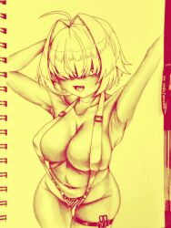 Rule 34 | 1girl, :d, absurdres, ahoge, arms up, bikini, breasts, cellbus-chan, collarbone, elegg (nikke), fang, goddess of victory: nikke, hair intakes, hair over eyes, highres, large breasts, long bangs, monochrome, navel, open mouth, short hair, smile, solo, swimsuit, thigh gap, thigh strap, traditional media