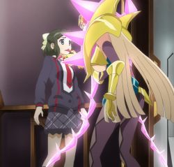 Rule 34 | 10s, 2girls, :o, age difference, aqua eyes, arm up, armor, bare legs, black hair, black jacket, black socks, blonde hair, bodysuit, bow, breasts, claws, clothing cutout, elevator, facing another, facing away, female focus, fine (symphogear), from behind, gauntlets, glowing, glowing weapon, gold armor, gold gauntlets, grey skirt, hair bow, half updo, hand on another&#039;s chin, headgear, highres, hime cut, indoors, jacket, kneehighs, kohinata miku, lace, lace-trimmed skirt, lace trim, large breasts, legs, long hair, long sleeves, looking at another, multiple girls, necktie, nervous, open mouth, pantyhose, pauldrons, plaid, plaid collar, plaid skirt, pleated skirt, red necktie, scared, school uniform, screencap, senki zesshou symphogear, shirt, shoulder armor, shoulder spikes, skin tight, skirt, socks, spikes, standing, stitched, sweat, sweatdrop, third-party edit, underboob, underboob cutout, vambraces, very long hair, weapon, whip, white shirt, yellow bow, yellow eyes, yuri
