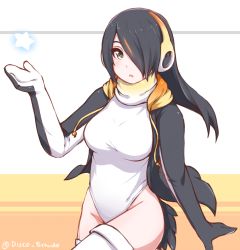 Rule 34 | 10s, 1girl, black hair, brown eyes, cowboy shot, disco brando, emperor penguin (kemono friends), hair over one eye, headphones, highleg, highleg leotard, highres, hood, hoodie, jacket, kemono friends, leotard, long hair, looking at viewer, multicolored hair, open clothes, open jacket, open mouth, solo, thighhighs, twitter username, white leotard, white thighhighs
