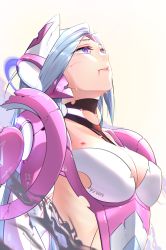 Rule 34 | 1girl, blood, blood from mouth, blood on face, breasts, cleavage, highres, looking up, mecha musume, mechanical ears, medium breasts, original, purple eyes, silver hair, solo, zhe feng yi