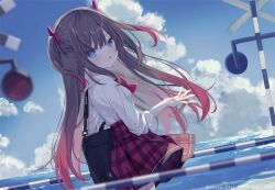 Rule 34 | 1girl, bag, blue eyes, blue sky, bow, brown hair, cloud, collared shirt, commentary request, day, hair between eyes, hair ornament, horizon, hoshi (snacherubi), long hair, long sleeves, looking at viewer, looking to the side, ocean, original, outdoors, parted lips, plaid, plaid skirt, pleated skirt, railroad crossing, red bow, red skirt, school uniform, shirt, skirt, sky, solo, two side up, very long hair, water, white shirt
