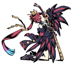 Rule 34 | 1girl, benienma (fate), benienma alter (fate), bird hair ornament, dark persona, drawing sword, fate/grand order, fate (series), feather trim, hair ornament, harada takehito, highres, holding, holding sword, holding weapon, katana, kneeling, long hair, platform footwear, ponytail, red eyes, red hair, sheath, sword, weapon, white background