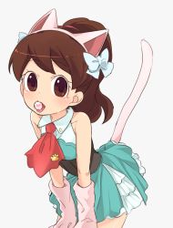 Rule 34 | 10s, 1girl, alto168, animal ears, animal hands, bad id, bad pixiv id, brown eyes, brown hair, cat ears, cat tail, fake animal ears, gloves, hairband, heart, high ponytail, kodama fumika, kyuntama, leaning forward, long hair, looking at viewer, mouth hold, nyakb, object in mouth, open mouth, paw gloves, skirt, solo, tail, tongue, tongue out, white background, youkai watch