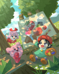 Rule 34 | 2girls, adeleine, beret, blue eyes, blue sky, blush stickers, bush, fairy, fairy wings, grass, hat, highres, kirby, kirby (series), kirby 64, light rays, miclot, multiple girls, nintendo, open mouth, paintbrush, painting (object), palette (object), pink hair, ribbon (kirby), short hair, skirt, sky, smock, tree, tree stump, wings