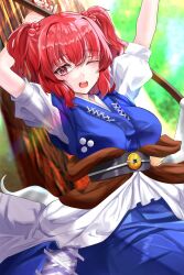 Rule 34 | 1girl, ;o, blue dress, breasts, coin, commentary request, dress, hair bobbles, hair ornament, highres, holding, holding scythe, large breasts, looking at viewer, nyarocks, obi, one eye closed, onozuka komachi, open mouth, red eyes, sash, scythe, short sleeves, solo, touhou, two side up