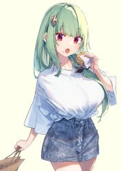 Rule 34 | 1girl, absurdres, akari (baffu), baffu, bag, blue skirt, breasts, casual, commentary, cowboy shot, denim, denim skirt, eating, fang, food, food on face, green hair, hair ornament, hand up, highres, holding, holding bag, holding food, imagawayaki, large breasts, long hair, looking at viewer, low ponytail, mask, miniskirt, no horns, oni mask, open mouth, original, red eyes, shirt, shirt tucked in, shopping bag, shortstack, simple background, skin fang, skirt, solo, white background, white shirt, wide sleeves