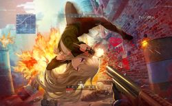 Rule 34 | 1girl, 1other, ambiguous gender, colorful palette, explosion, fire, firing, firing at viewer, floating hair, grey hair, gun, highres, holding, holding gun, holding weapon, kusanagi nene, long hair, midair, official art, outdoors, pov, pov hands, project sekai, rock, shirt, solo focus, upside-down, weapon
