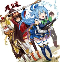 Rule 34 | 1boy, 3girls, aqua (konosuba), armor, arms up, bandaged leg, bandages, bare shoulders, belt, bent over, black gloves, blonde hair, blue eyes, blue footwear, blue hair, blue shirt, blue skirt, blush, boots, bottle, bow, bowtie, breasts, brown footwear, brown hair, brown thighhighs, cape, capelet, closed eyes, closed mouth, commentary, covering privates, covering crotch, darkness (konosuba), detached sleeves, dress, fingerless gloves, full body, gauntlets, gloves, greaves, green bow, green bowtie, green capelet, hair between eyes, hair ornament, hair rings, hat, holding, holding bottle, holding staff, infukun, kono subarashii sekai ni shukufuku wo!, large breasts, long hair, long skirt, megumin, multiple girls, open mouth, orange armor, ponytail, red dress, red eyes, satou kazuma, shirt, short hair, short hair with long locks, simple background, single thighhigh, skirt, skirt tug, sleeveless, sleeveless shirt, smile, staff, surprised, thigh boots, thighhighs, translation request, very long hair, white armor, white background, white sleeves, white thighhighs, witch hat, wooden staff, x hair ornament