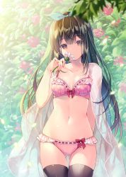 Rule 34 | 1girl, absurdres, bare arms, black hair, black thighhighs, blurry, bra, breasts, breasts apart, closed mouth, collarbone, cowboy shot, depth of field, flower, frilled bra, frilled panties, frills, gluteal fold, hair ribbon, hand up, highres, holding, holding flower, lingerie, long hair, looking at viewer, medium breasts, miwabe sakura, navel, orange eyes, original, panties, pink bra, pink panties, plant, ribbon, scan, see-through, solo, standing, stomach, thighhighs, underwear, underwear only