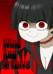 Rule 34 | 1girl, abekawa, bags under eyes, black hair, black shirt, black wings, blue archive, blunt bangs, breasts, cleavage, collarbone, comiket 103, commentary request, cover, cover page, english text, gradient background, looking at viewer, medium breasts, partial commentary, red background, red eyes, school uniform, serafuku, shaded face, shirt, simple background, smile, solo, tsurugi (blue archive), upper body, wavy mouth, wings