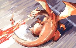 Rule 34 | breath weapon, breathing fire, charizard, claws, commentary request, creatures (company), fire, flame-tipped tail, from above, game freak, gen 1 pokemon, looking back, mukiguri, nintendo, no humans, open mouth, pokemon, pokemon (creature), standing