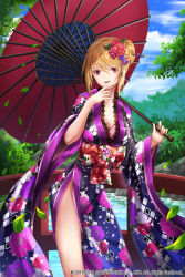 Rule 34 | 1girl, black kimono, blonde hair, blue sky, bow, breasts, cleavage, cloud, cloudy sky, copyright request, day, floral print, flower, gradient kimono, hair between eyes, hair bun, hair flower, hair ornament, hands up, holding, holding umbrella, japanese clothes, kimono, large breasts, leaf, long sleeves, lunacle, official art, oil-paper umbrella, outdoors, parted lips, print kimono, purple flower, purple kimono, red bow, red eyes, red flower, red rose, red umbrella, river, rose, single hair bun, sky, smile, solo, standing, umbrella, water, watermark, wide sleeves
