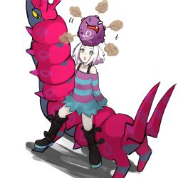 Rule 34 | 1girl, aojirohada, bad id, bad twitter id, balancing on head, blue eyes, boots, bug, creatures (company), dress, forehead, game freak, gen 1 pokemon, gen 5 pokemon, gym leader, highres, koffing, nintendo, pokemon, pokemon (creature), pokemon bw2, roxie (pokemon), scolipede, smoke, strapless, strapless dress, striped clothes, striped dress, white hair
