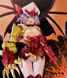 Rule 34 | 1girl, :d, alternate breast size, alternate costume, bat wings, black background, black choker, blue hair, breasts, choker, claws, cleavage, commentary, cowboy shot, english commentary, hair between eyes, highres, large breasts, looking at viewer, mole, mole under eye, open mouth, pants, pointy ears, red eyes, remilia scarlet, short hair, simple background, smile, solo, spear the gungnir, standing, tomatolover16, touhou, white headwear, white pants, wings