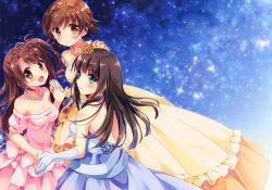 Rule 34 | 10s, 3girls, :d, backless dress, backless outfit, blue dress, blue gloves, blush, breasts, brown eyes, brown hair, choker, cleavage, collaboration, crown, dress, elbow gloves, gloves, green eyes, holding hands, honda mio, idolmaster, idolmaster cinderella girls, jewelry, long hair, looking at viewer, medium breasts, multiple girls, necklace, new generations, off-shoulder dress, off shoulder, one side up, open mouth, pan (mimi), pink dress, ribbon choker, shibuya rin, shimamura uzuki, short hair, sky, smile, sparkle, star (sky), starry sky, suimya, tiara, yellow dress, yellow gloves