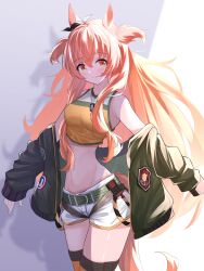 Rule 34 | 1girl, absurdres, animal ears, belt, blush, bomber jacket, bow, breasts, brown ribbon, brown thighhighs, closed mouth, commentary request, cowboy shot, crop top, dog tags, ear ribbon, green belt, green jacket, hair between eyes, hand up, highres, horse ears, horse girl, jacket, long hair, long sleeves, looking at viewer, mayano top gun (umamusume), midriff, navel, open clothes, open jacket, orange eyes, orange hair, ribbon, shadow, shirt, short shorts, shorts, sidelocks, sitting, small breasts, smile, solo, thighhighs, thighs, two side up, umamusume, white background, white shorts, yellow shirt, yorozuya (yoroz ryobi), zettai ryouiki