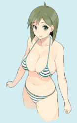 Rule 34 | 1girl, bikini, blue background, blush, breasts, chikurin (sasamori tomoe), cleavage, clenched hands, collarbone, cowboy shot, green eyes, green hair, halterneck, large breasts, looking at viewer, matching hair/eyes, navel, open mouth, original, sasamori tomoe, shiny skin, short hair, simple background, skindentation, solo, striped bikini, striped clothes, sweatdrop, swimsuit