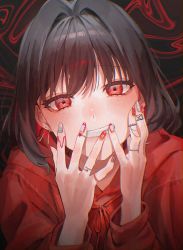Rule 34 | 1girl, absurdres, blush, brown hair, clenched teeth, earrings, hands on own face, hands up, highres, hood, hoodie, jewelry, long sleeves, looking at viewer, mole, mole under eye, multiple rings, neck ribbon, original, red eyes, red hoodie, red ribbon, ribbon, ring, short hair, sinomi, solo, teeth, upper body